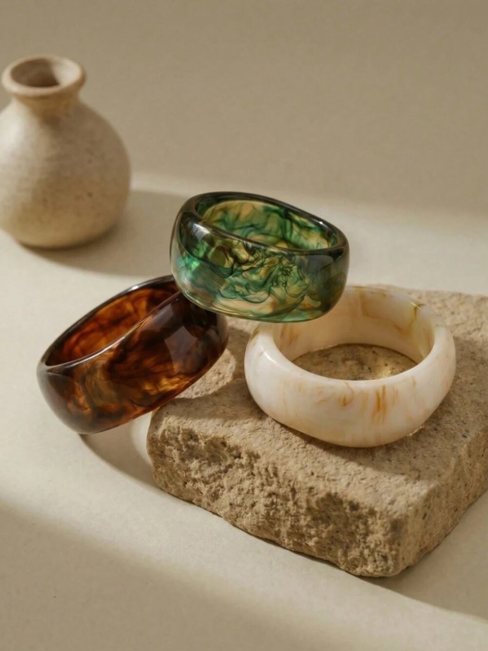 Set of 3 Marbled Resin Bangle Bracelets - Green, Brown, Ivory